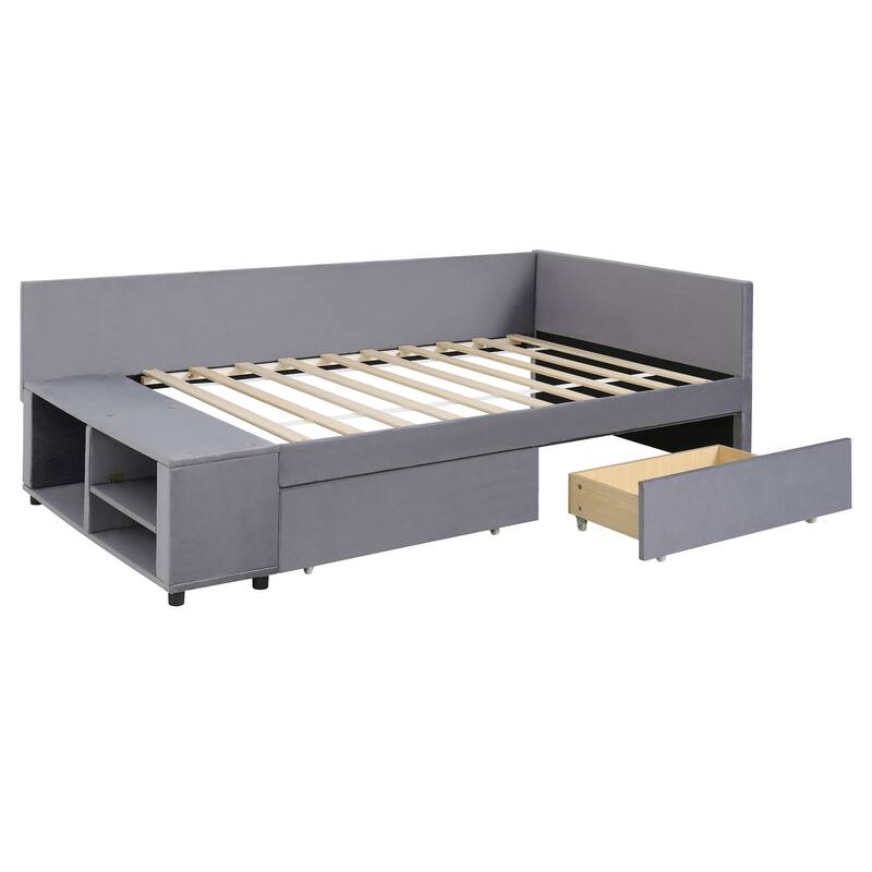 Twin Size L-Shaped Upholstered Platform Bed with Storage and Drawers in Gray