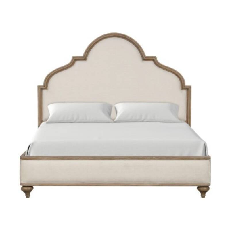Lyla King Bed, Scalloped Ivory Upholstery, Rustic Oak Solid Wood