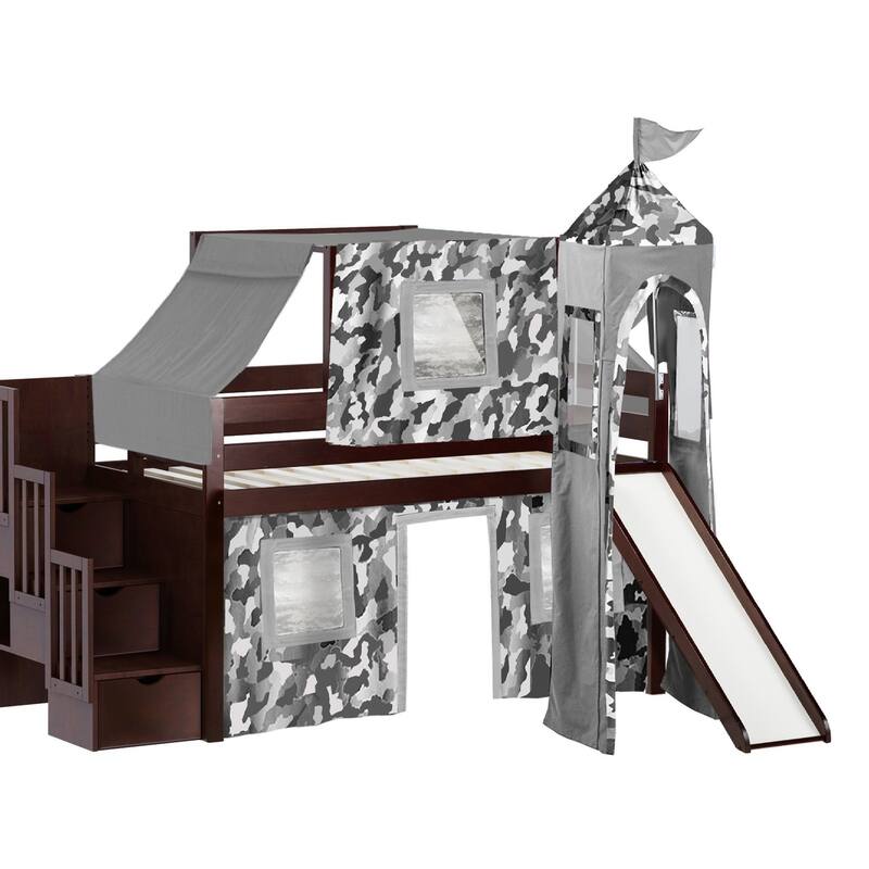 JACKPOT Prince & Princess Low Loft Twin Bed, Stairs Slide Tent & Tower