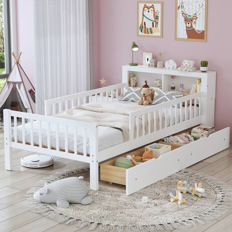 Safe Kids Bed Platform Bed Twin Size Wood Bed Frame with Storage Headboard and 2 Drawers Under, 3-Side Guardrails for Boys Girls