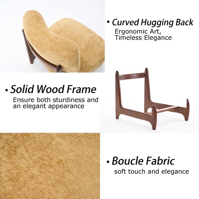 30"W Mid-Century Modern Accent Chair with Solid Wood Frame, Boucle Comfy Living Room Chair for Bedroom Lounge Reading Room