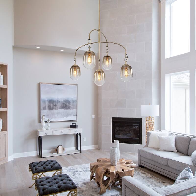 Modern Gold Chandelier Gradient Glass Shades 2-Tier Curved Arm