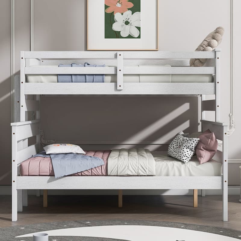 Solid Wood Bunk Bed Wood Slat Support Bed Frame Full Length Guardrail Up Bed with Ladder Separable Platform Bed