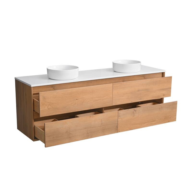 Sylphar 72 inch Toffee Oak Floating Bathroom Vanity with White Quartz Top