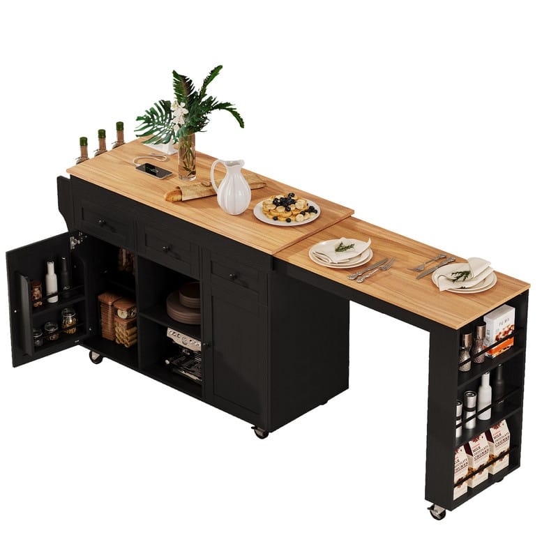 85.5" Kitchen Island with Extendable Dining Table, Rolling Kitchen Island with Sotrage Shelves, Drawers and Power Outlet