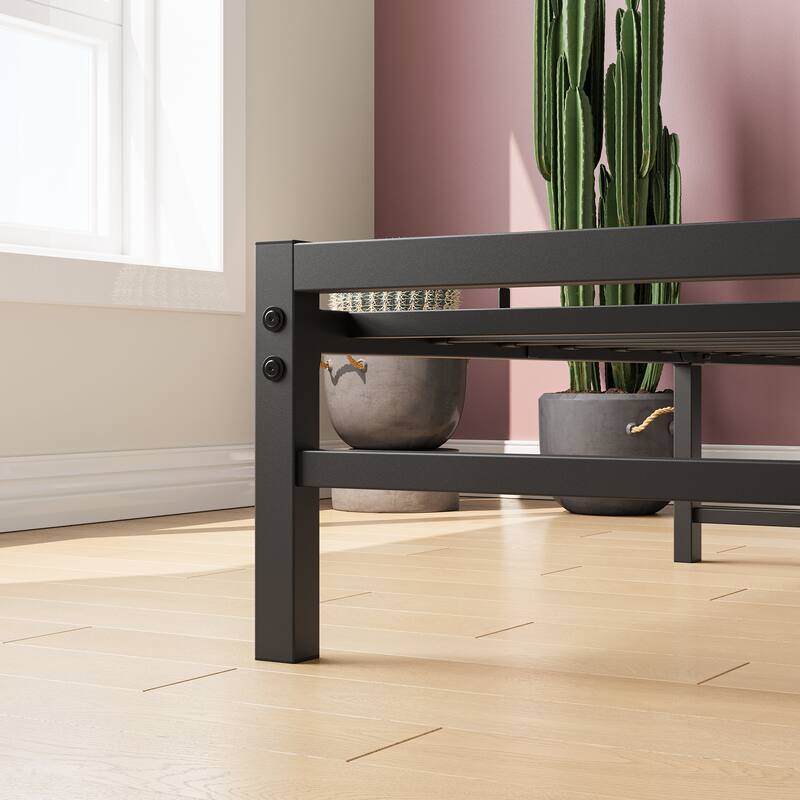 Black Rustic Twin Platform Bed Frame with Wood and Metal - Strong Metal Slats