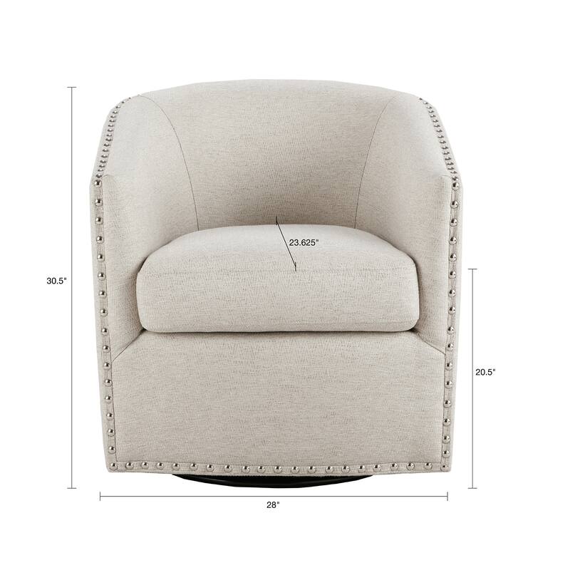 Roomfitters Swivel Accent Chair, Upholstered Barrel Armchair with 360 Degree Metal Base and Nailhead Trim