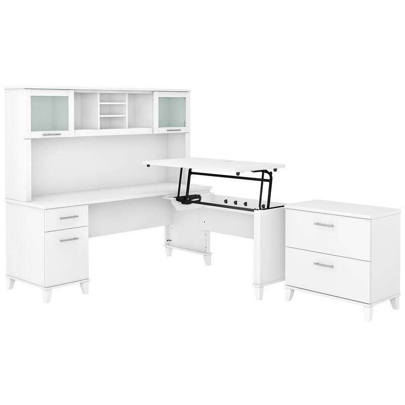 Somerset 72W Sit to Stand L Shaped Desk with Hutch and Cabinet in Gray