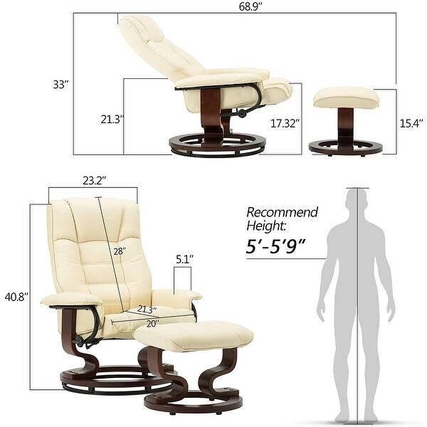 dimension image slide 4 of 6, Mcombo Swiveling Recliner Chair with Wood Base and Ottoman