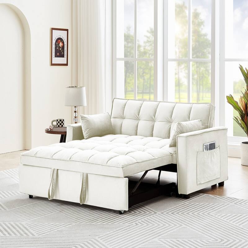 55" Modern Velvet Convertible Sleeper Sofa Bed Couch w/Pull Out Bed,Pillows and Side Pockets