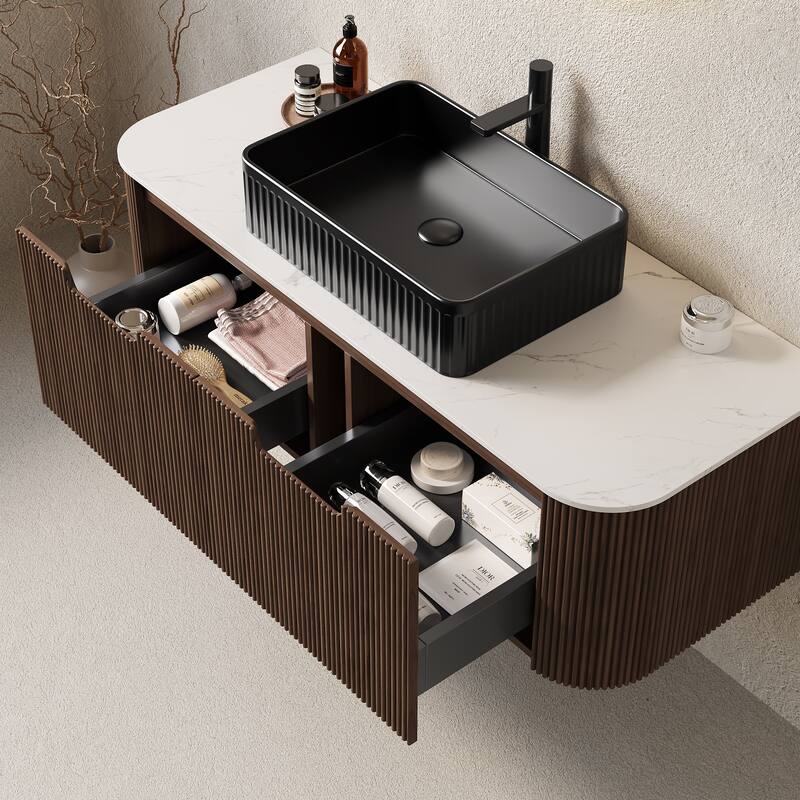 48" Bathroom Vanity with Sink, Wall-Mounted Bathroom Storage Cabinet with 2 Drawers, Rectangular Ceramic Basin, No Faucet