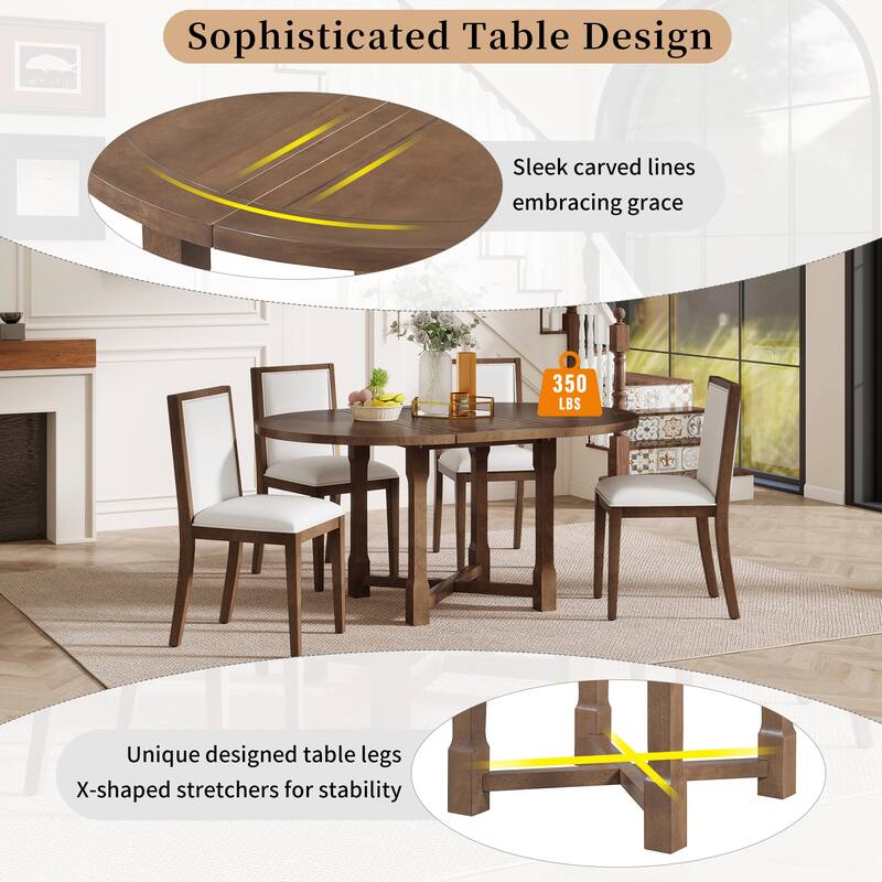 5-Piece Extendable Dining Table Set for 4, Round Dining Table for 4 with Upholstered Chairs, Farmhouse Kitchen Table Set