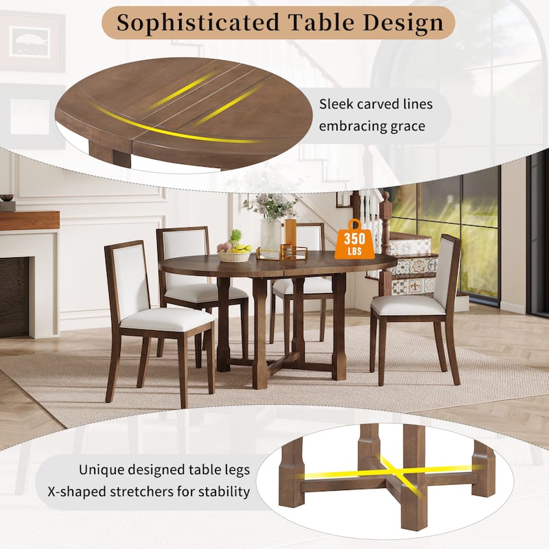 Roomfitters 5-Piece Extendable Round Farmhouse Dining Set with Upholstered Chairs for Kitchen or Dining Room
