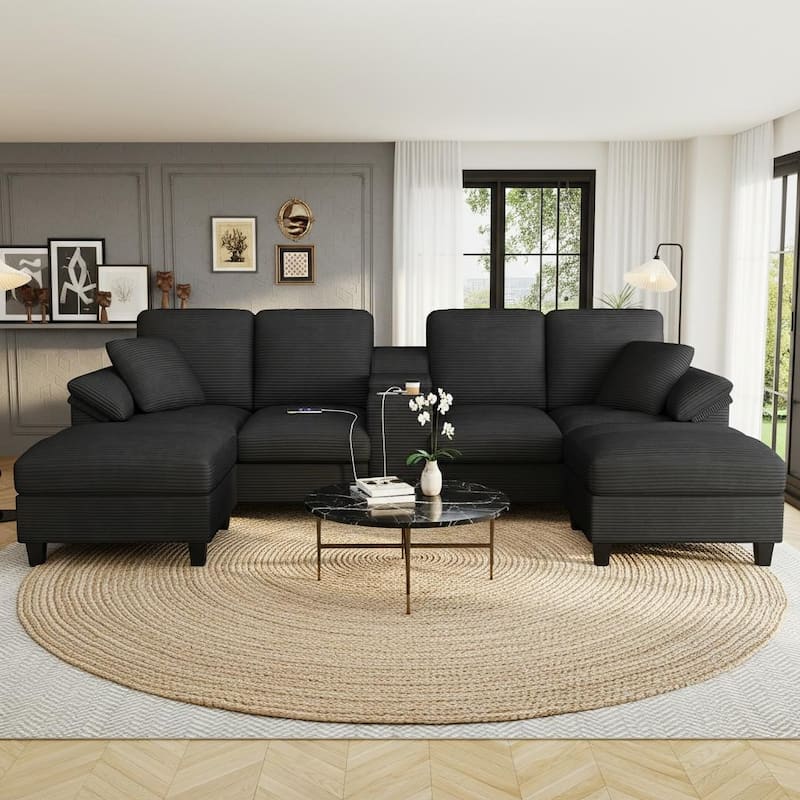 U-Shaped Corduroy Sectional with Hidden Storage, Center Console & USB Ports by Harper&Bright Designs