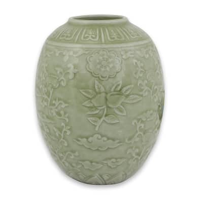 Novica Handmade Green Plum Blossom Celadon Ceramic Vase
