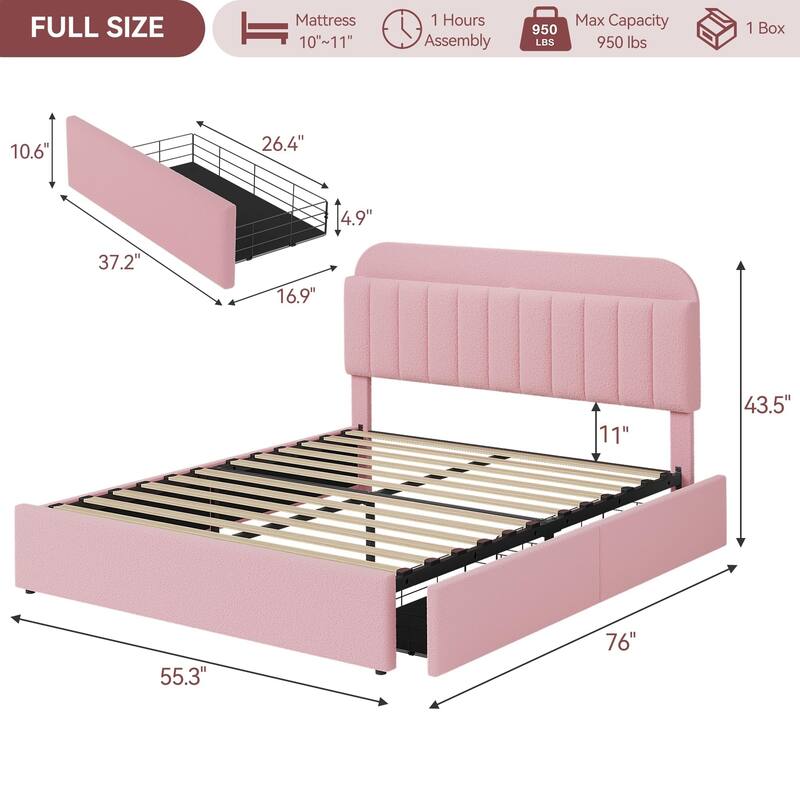 Twin/Full Bed Frame with 2 Flexible Drawers and Bookcase Headboard, Boucle Upholstered Platform Bed for Boys/Girls