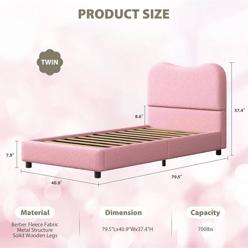 Upholstered Boucle Bed Frame with Headboard, No Box Spring Needed, Pink