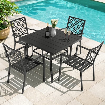 Metal Patio Dining Set with Umbrella Hole and Stackable Chairs
