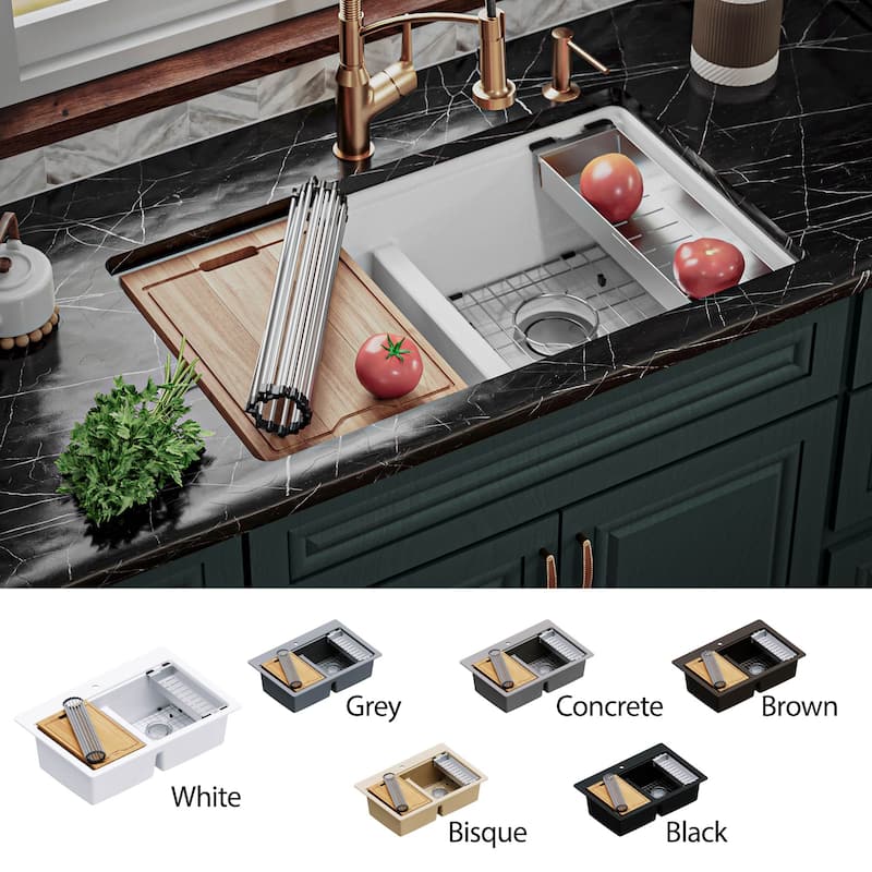 Karran QUWS-880 Undermount 32-1/2 in. Double Equal 50/50 Bowl Workstation Kitchen Sink