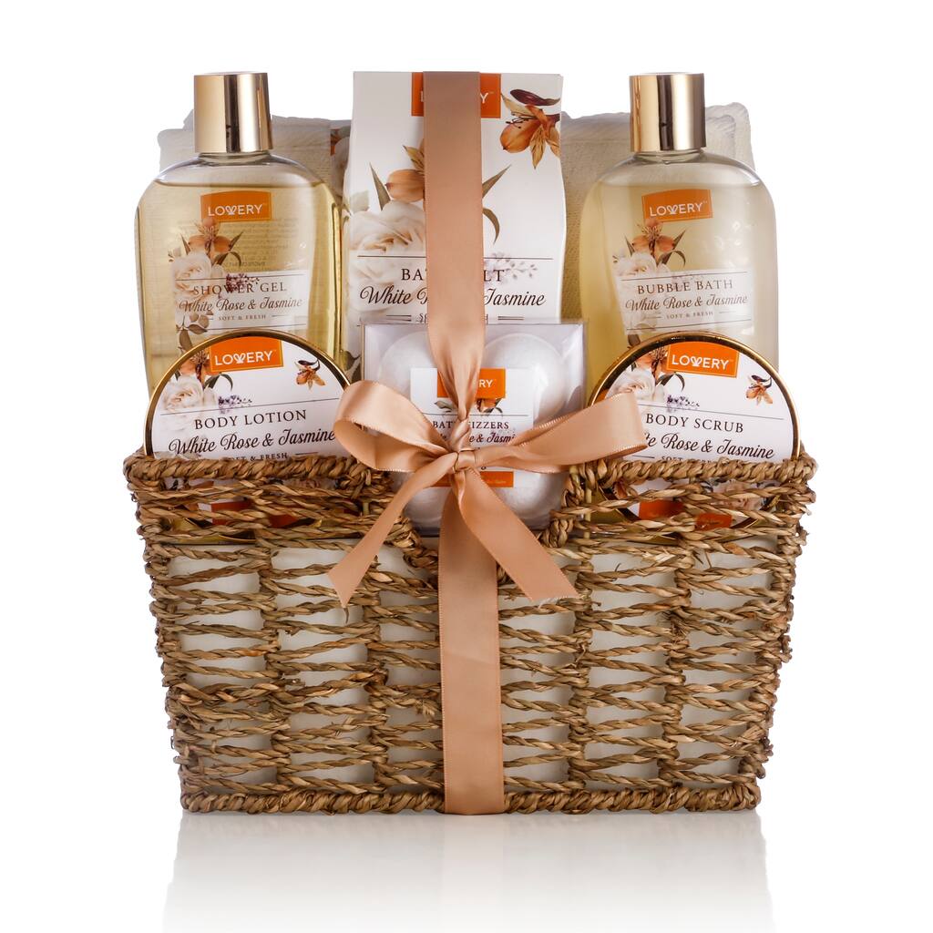 Lovery Home Spa Gift Basket - White Rose & Jasmine - Luxury 11 pc Bath & Body gift - 11 pc