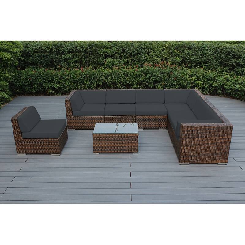 Ohana Outdoor Patio 8 Piece Mixed Brown Wicker Sectional with Cushions - No Assembly - Grey