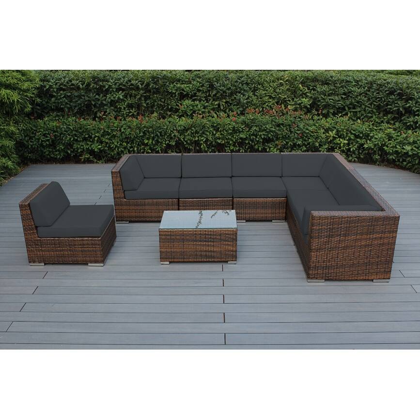 Ohana Outdoor Patio 8 Piece Mixed Brown Wicker Sectional with Cushions - No Assembly