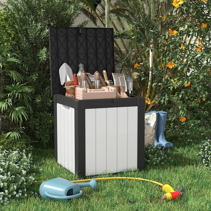 50GAL Deck Box with Lockable Lid -Weatherproof Rattan-Grain Resin Storage, Easy Assembly