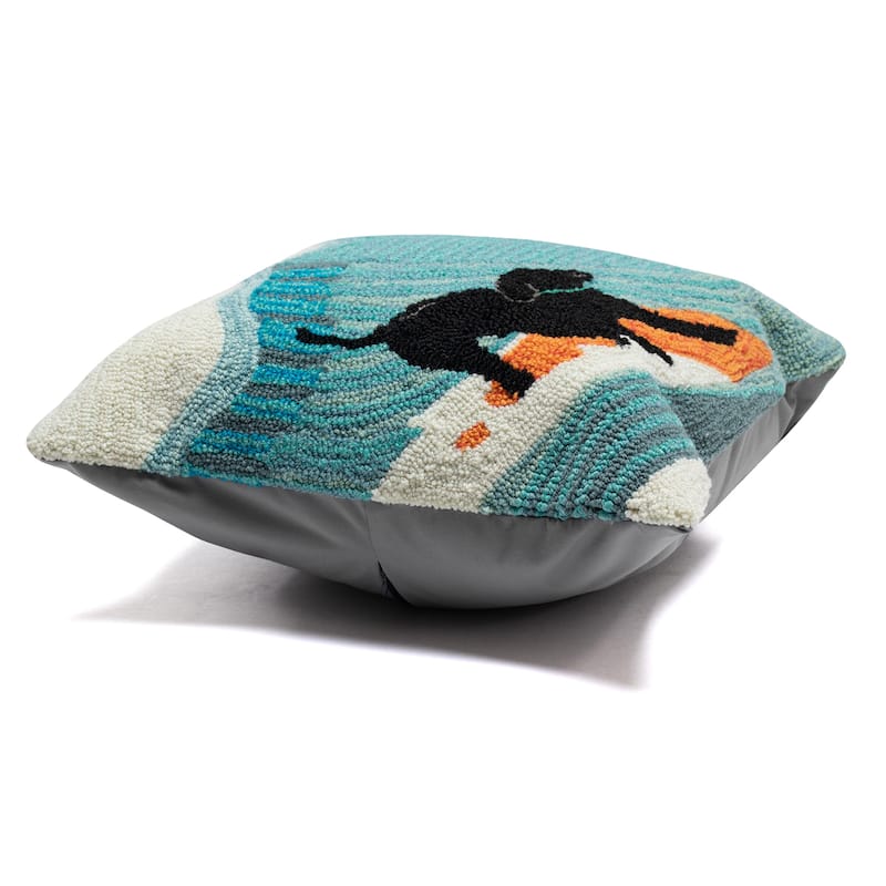 Liora Manne Frontporch Surfing Dog Indoor/Outdoor Pillow Ocean 18" Square