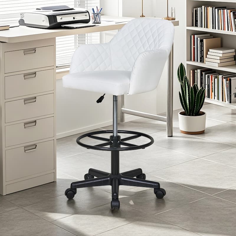 VECELO PU Leather Drafting Chairs with Adjustable Height Diamond-Stitched 360° Swivel Task Chair with Metal Frame - White