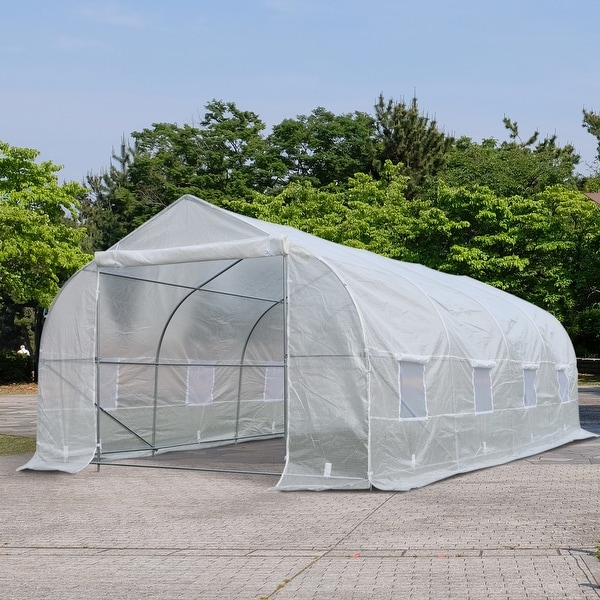 Outsunny 20’ x 10’ x 7’ High Tunnel Walk-In Garden Greenhouse Kit with Plastic Cover & Roll-up Entrance - White. Opens flyout.