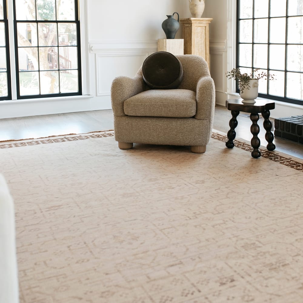 Adelaide Global Bordered Beige/ Brown Wool Blend Area Rug