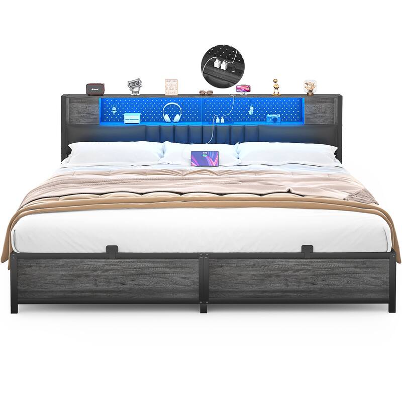 Farmhouse Bed Frame with Holey Board, Upholstered Headboard Platform Bed with Charging Station
