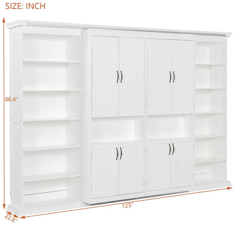Hidden Hydraulic Lift Wall Bed Queen Murphy Bed with Dual Sliding Storage Cabinets, Side Shelves and Reinforced Metal Frame