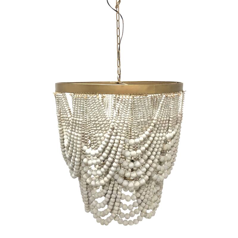 Harp & Finial Nalu Chandelier - Brass - Cream Wood Beads - Brass, Cream