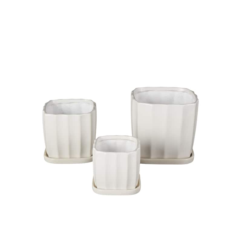 Ceramic Ribbed Indoor Outdoor Planter with Attached Saucer - Set of 3 Black or White - Roche River Decor