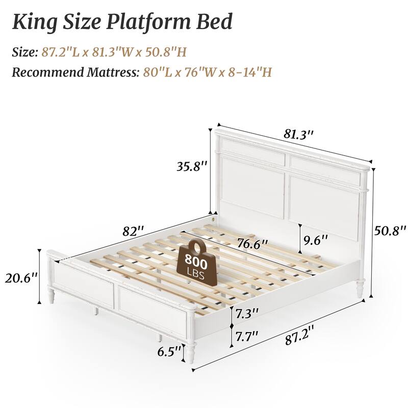 Queen/King Size Classic Wooden Bed Frame with Raised Panel Headboard and Footboard