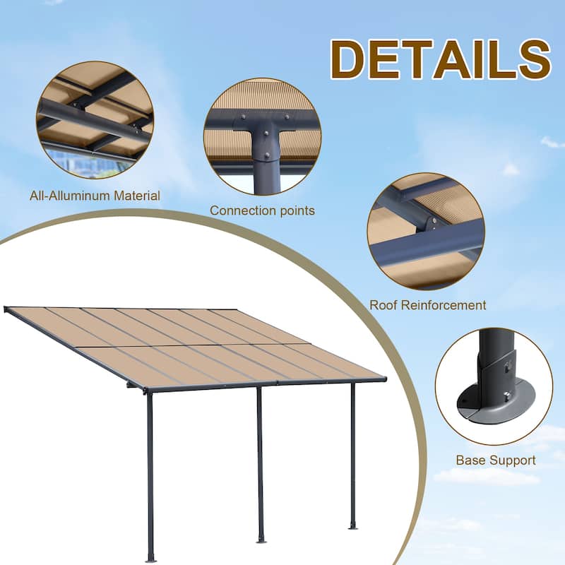 Aoodor Wall Mount Gazebo Outdoor Pergola, Polycarbonate Gazebo with Water-Resistant and UV-Fighting Panels Canopy