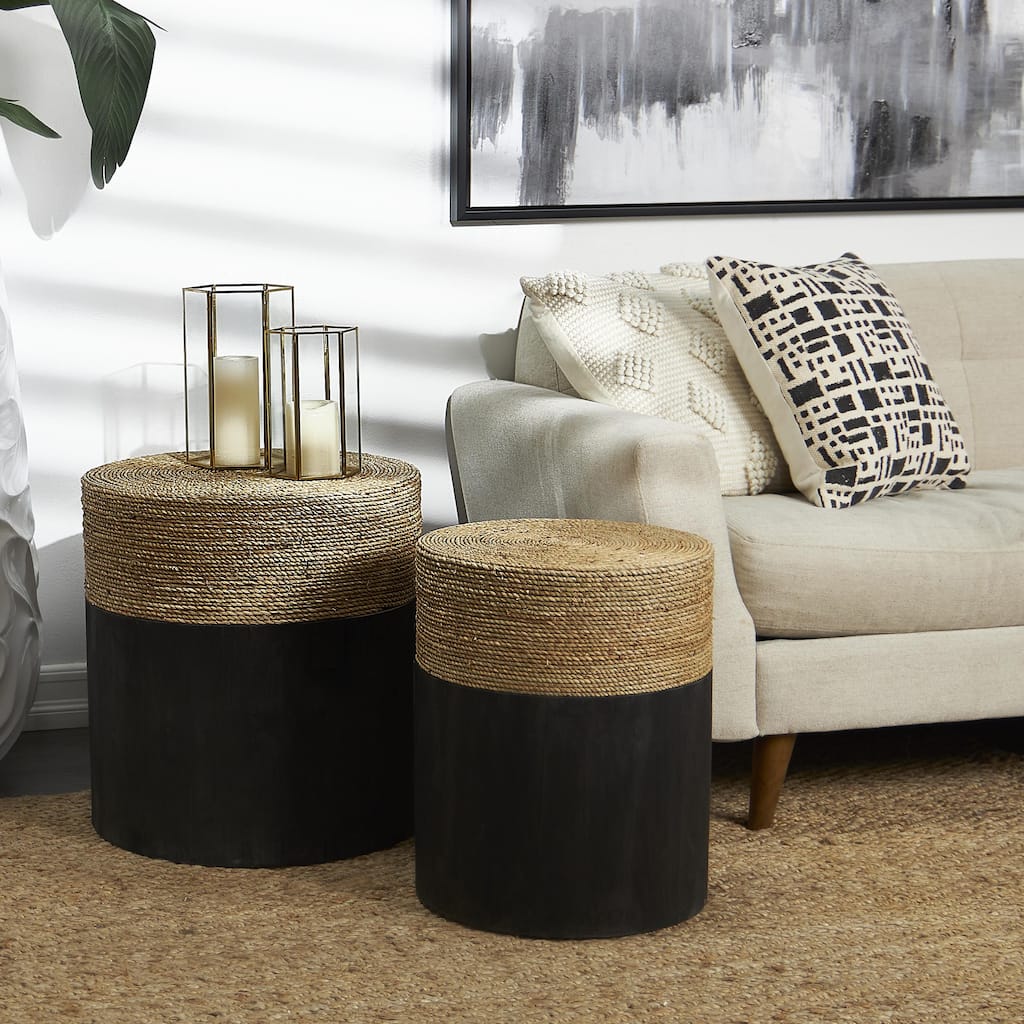 Madura Natural Seagrass and Wood Round Side Table 2 Piece-Set