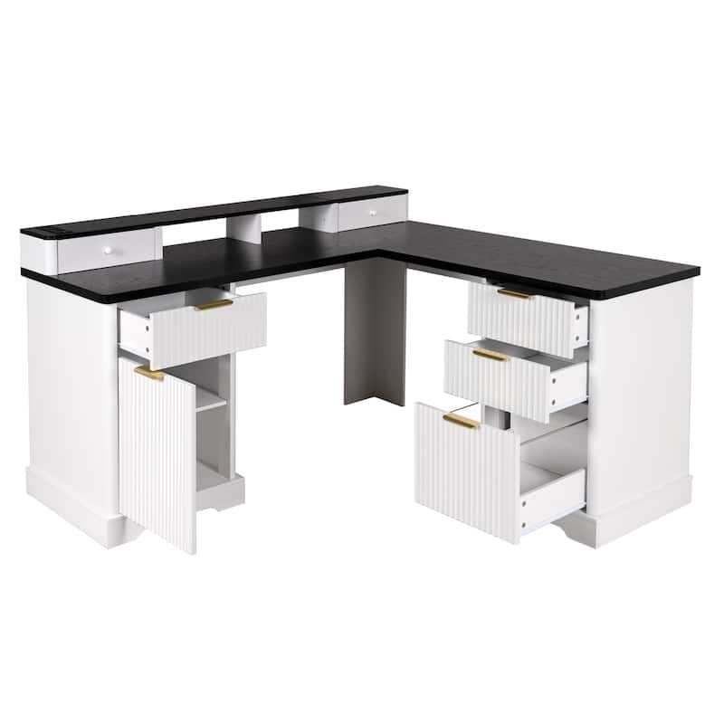 Executive L Shaped Desk Home Office Desk with Charging Station, Corner Computer Desk with Monitor Stand, Drawer, Storage Cabinet