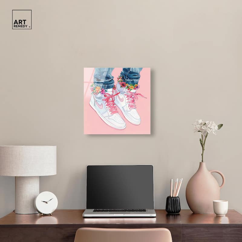Blush Floral Bloom Sneakers Acrylic by Art Remedy, Ready to Hang