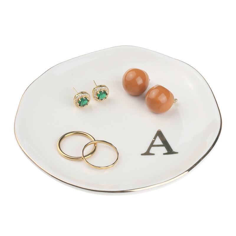 Ceramic Jewelry Tray, Decorative Trinket Ring Dish for Organizing Earrings Necklaces Bracelet Watch Keys - White - A