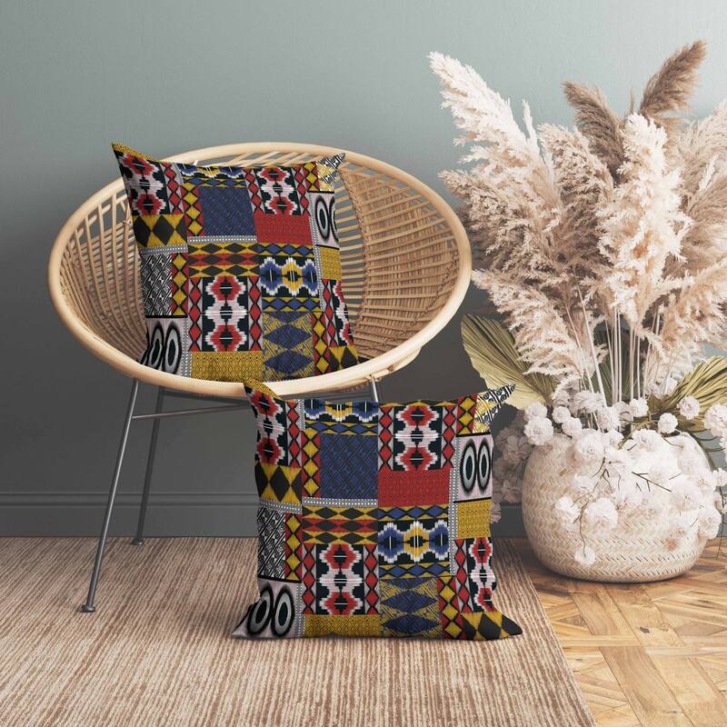 Patched Perfection Indoor/Outdoor Reversible Throw Pillow Yellow and Red