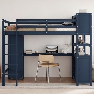 Full Size Wood Loft Kids Bed with Cabinet, Bookshelf, Desk, Adjustable Wardrobe & Safety Features, Space-Saving, Dark Blue