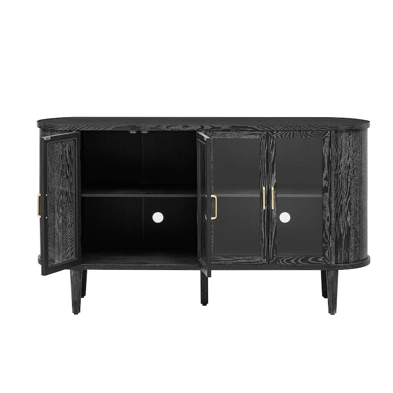 Anmytek Curved Glass Door Sideboard with Gold Handles Dark Wood Farmhouse Buffet Console