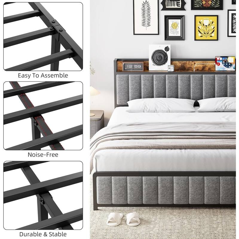 Full Size Upholstered Platform Bed Frame with Storage Headboard, Charging Station, Metal Slats, Noise-Free Design