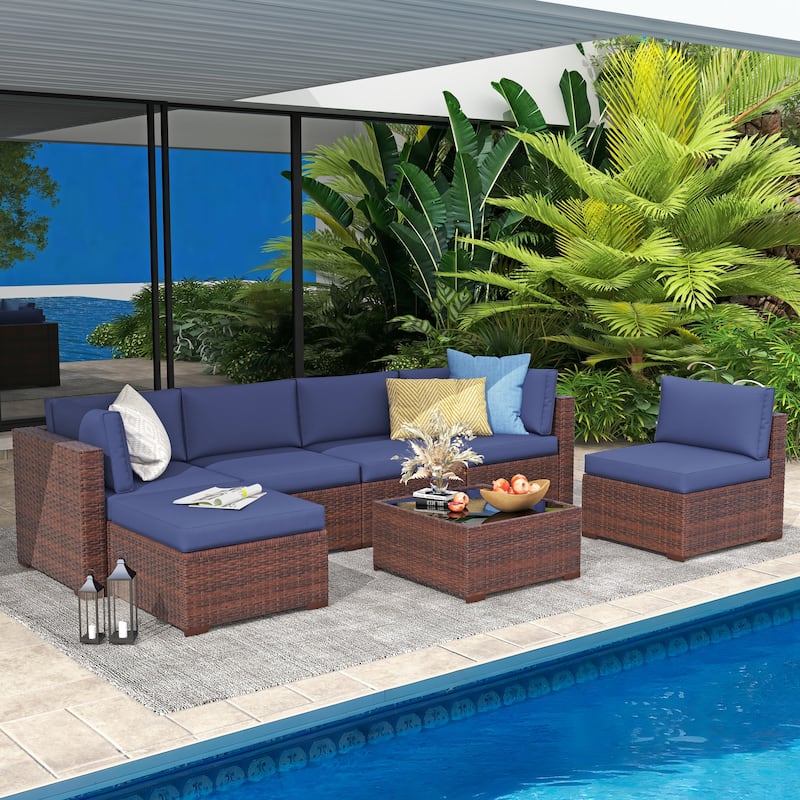 7-piece Wicker Sectional Sofa Set - Brown/Blue