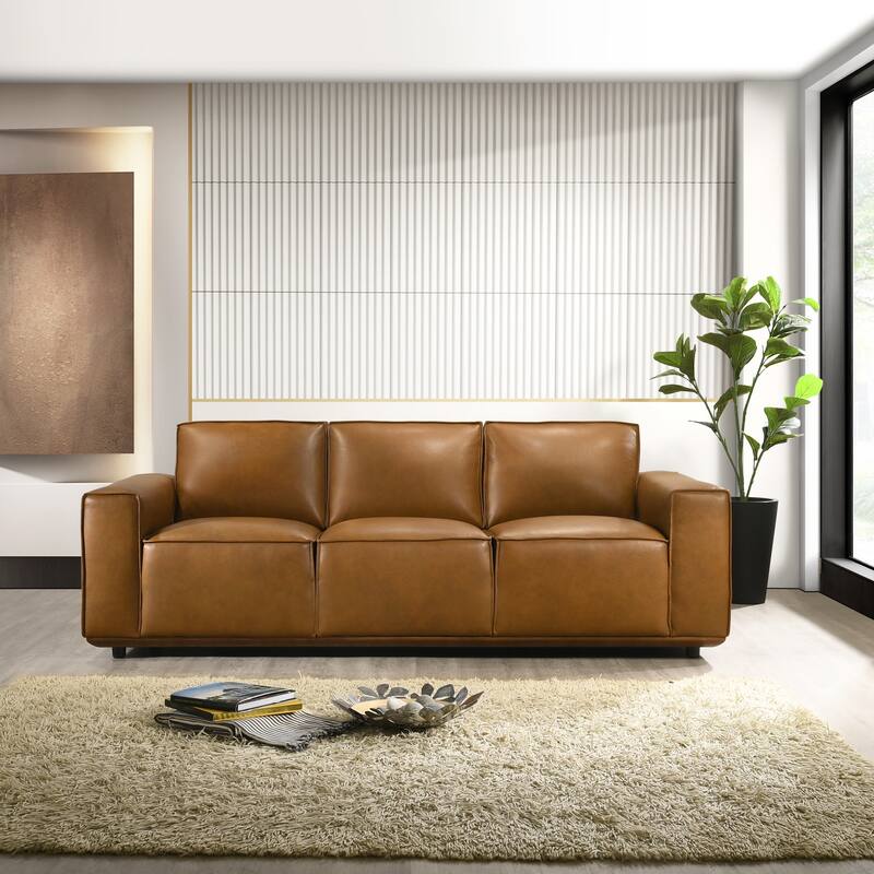 Happydays Mid Century Modern Top Genuine Leather Sofa in Tan