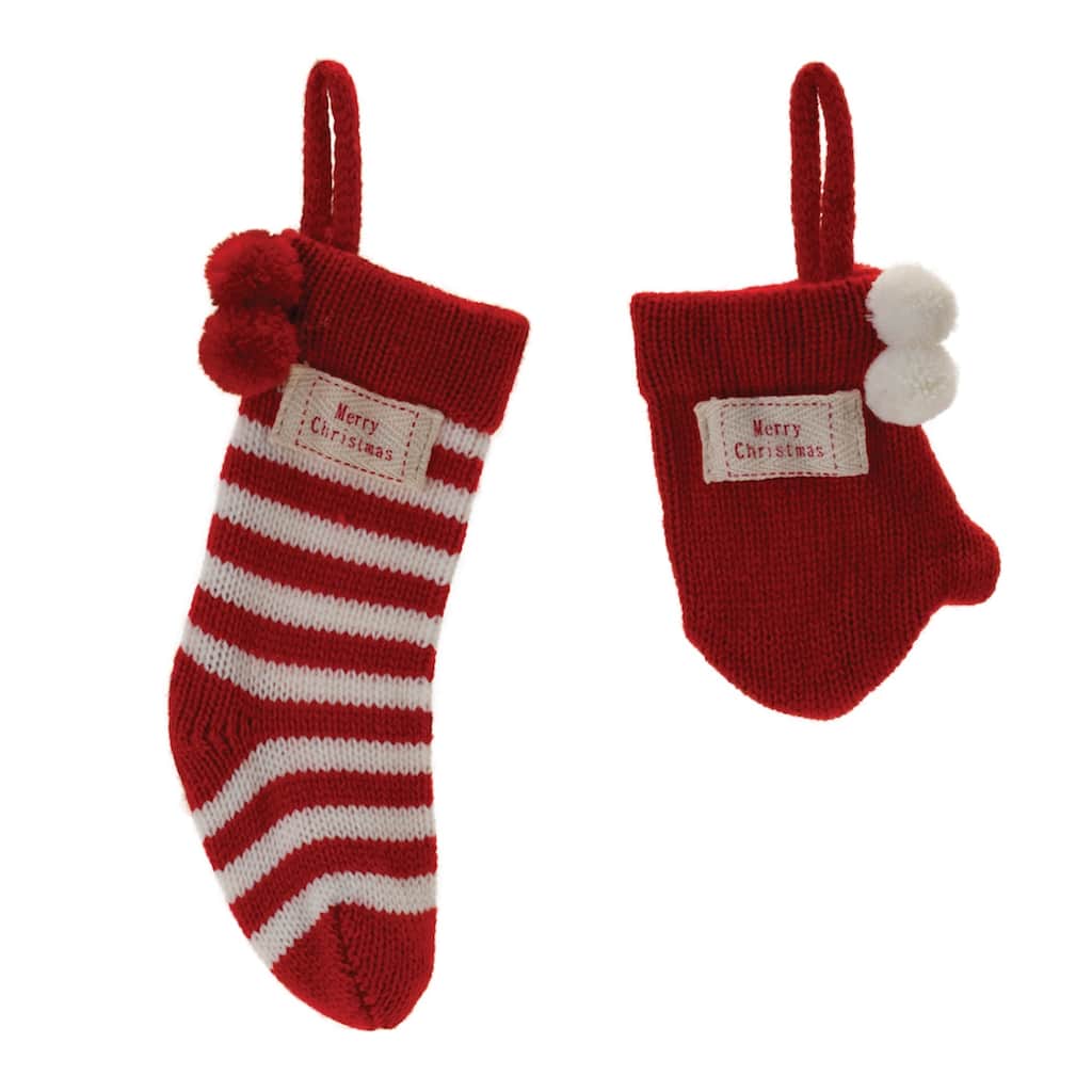 Knitted Stocking and Mitten Christmas Ornaments - 8.5" - Red and White - 12ct