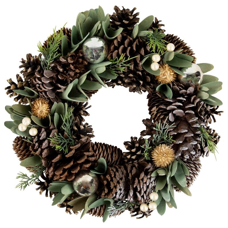 Silver Green Mixed Foliage Pinecone Christmas Wreath, 13.5-Inch, Unlit