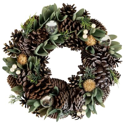 Silver Green Mixed Foliage Pinecone Christmas Wreath, 13.5-Inch, Unlit